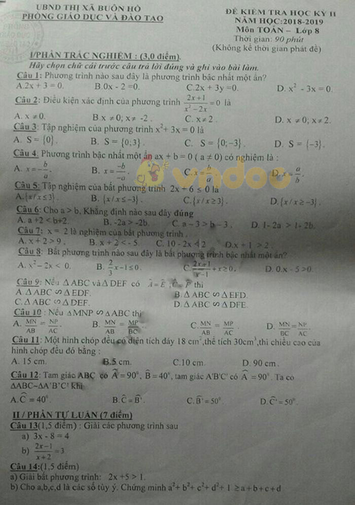 Đề thi học kì 2 lớp 8 môn Toán Phòng GD&ĐT Thị xã Buôn Hồ năm học 2018 - 2019