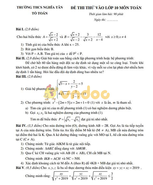 Đề thi thử vào lớp 10 môn Toán trường THCS Nghĩa Tân