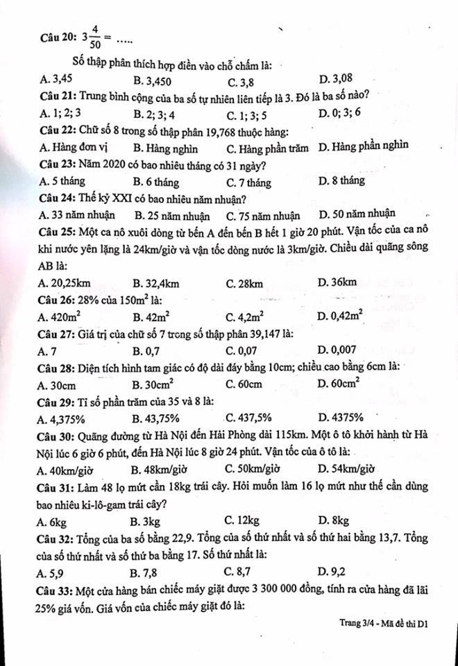 Đề thi vào lớp 6 môn Toán