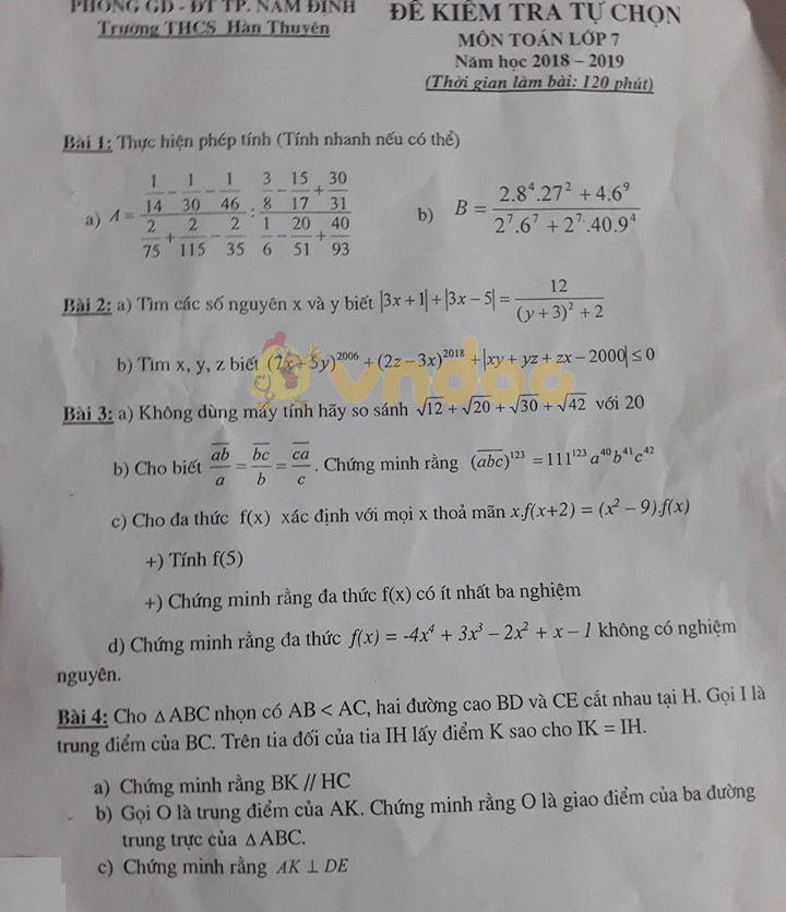Đề thi học kì 2 lớp 7 môn Toán trường THCS Hàn Thuyên, Nam Định năm học 2018 - 2019