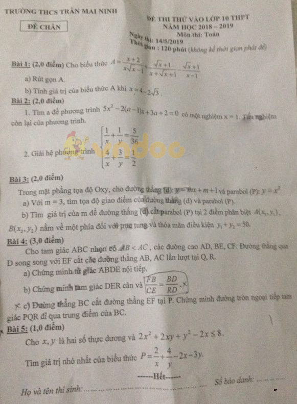 Đề thi thử vào lớp 10 môn Toán Trường THCS Trần Mai Ninh năm học 2019 - 2020