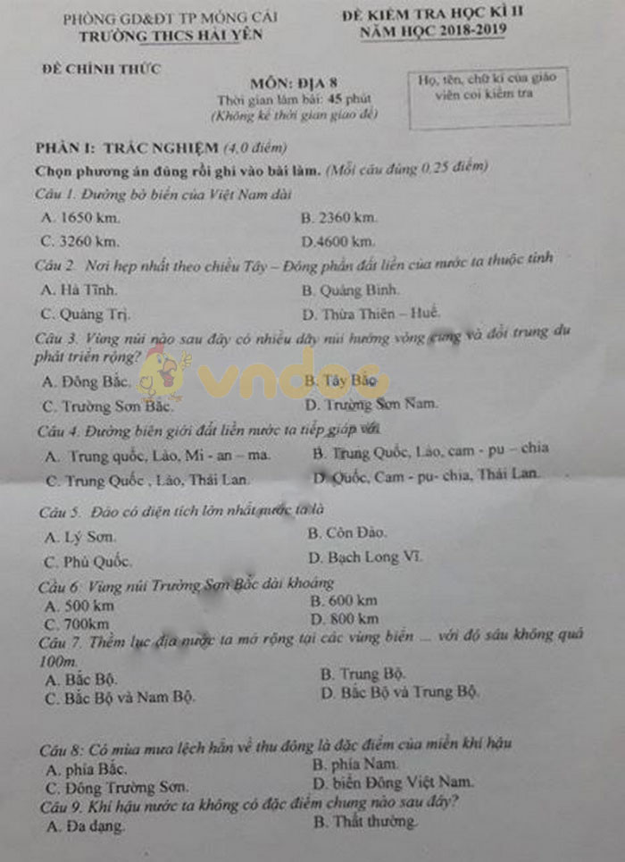 Đề thi học kì 2 lớp 8 môn Địa lý trường THCS Hải Yến, Móng Cái năm học 2018 - 2019