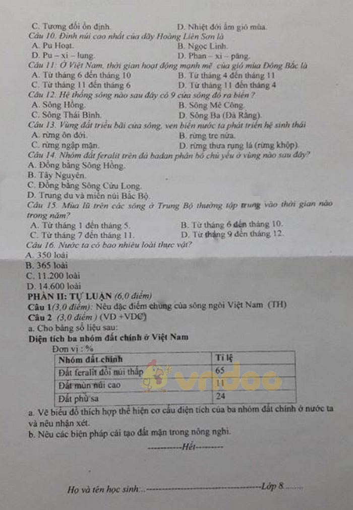Đề thi học kì 2 lớp 8 môn Địa lý trường THCS Hải Yến, Móng Cái năm học 2018 - 2019