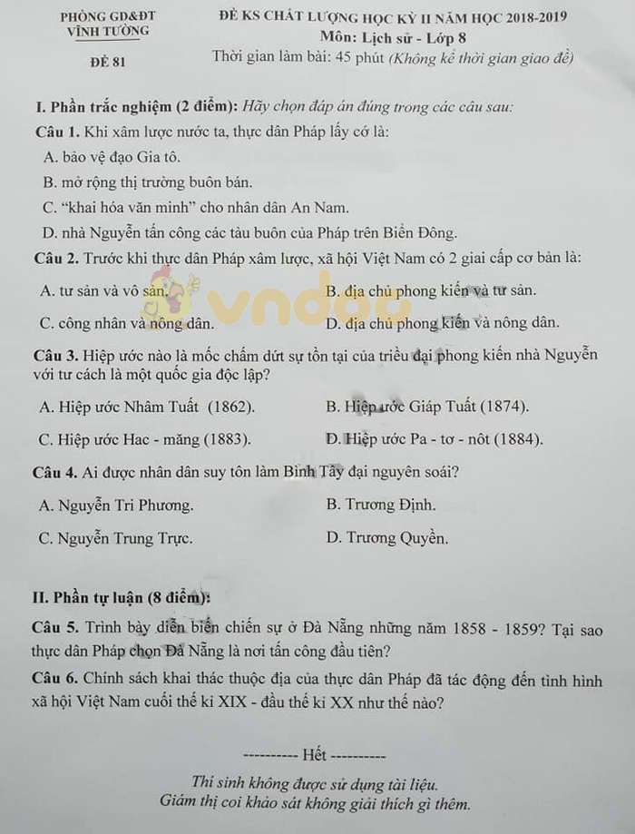Đề thi học kì 2 lớp 8 môn Lịch sử Phòng GD&ĐT Vĩnh Tường năm học 2018 - 2019 (Đề 81)