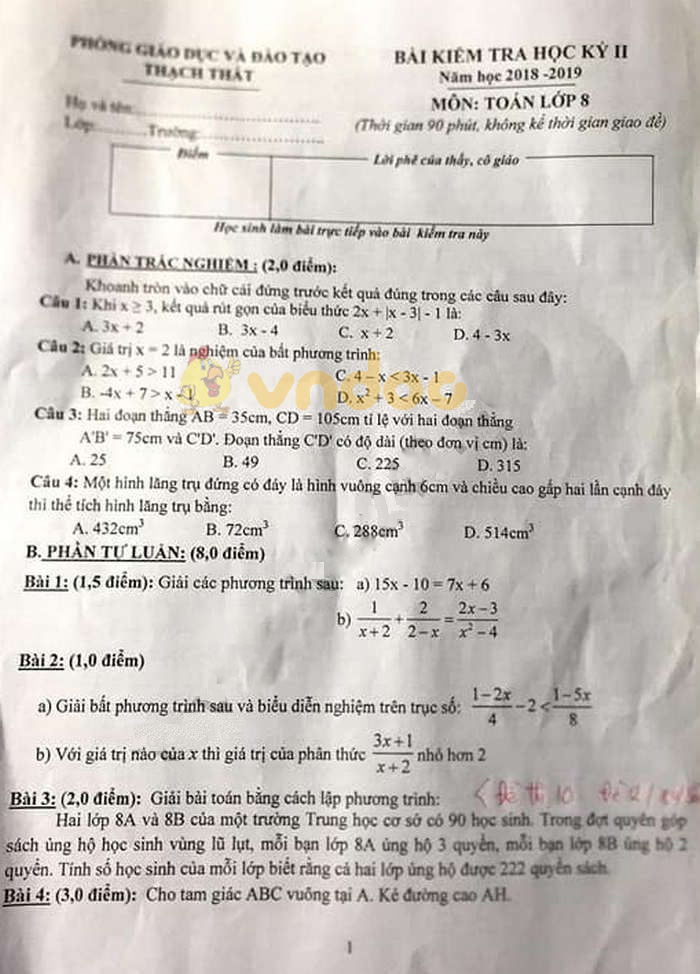 Đề thi học kì 2 lớp 8 môn Toán Phòng GD&ĐT Thạch Thất năm học 2018 - 2019
