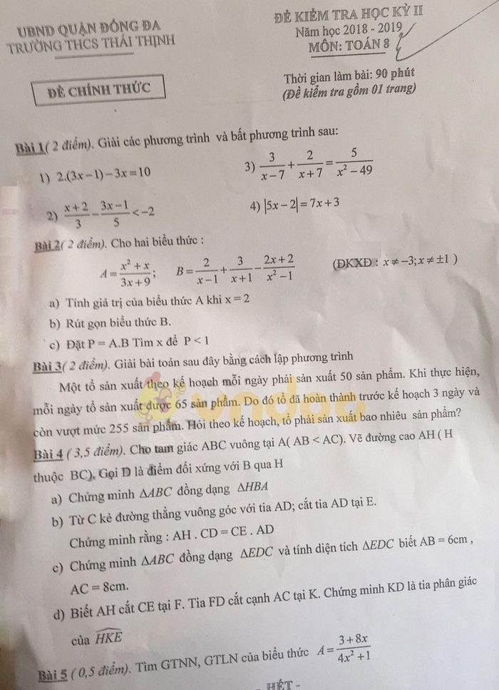 Đề thi học kì 2 lớp 8 môn Toán trường THCS Thái Thịnh, Đống Đa năm học 2018 - 2019