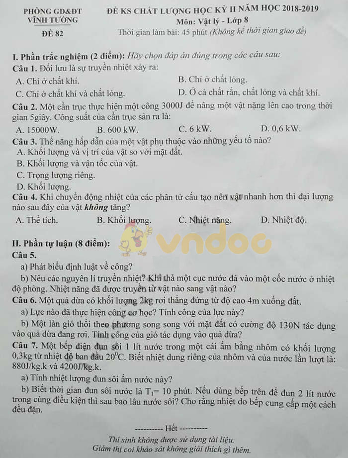 Đề thi học kì 2 lớp 8 môn Vật lý Phòng GD&ĐT Vĩnh Tường năm học 2018 - 2019 (Đề 82)