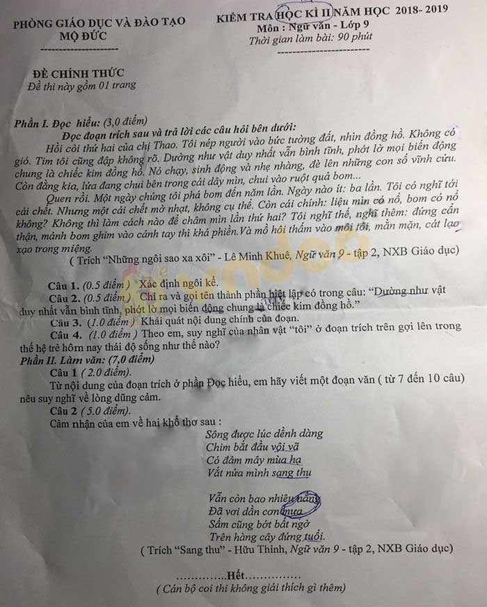 Đề thi học kì 2 lớp 9 môn Ngữ văn Phòng GD&ĐT Mộ Đức năm học 2018 - 2019