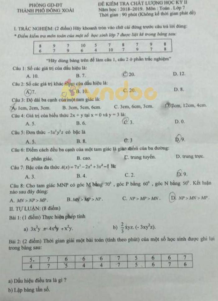 Đề thi học kì 2 lớp 7 môn Toán Phòng GD&ĐT TP Đồng Xoài năm học 2018 - 2019