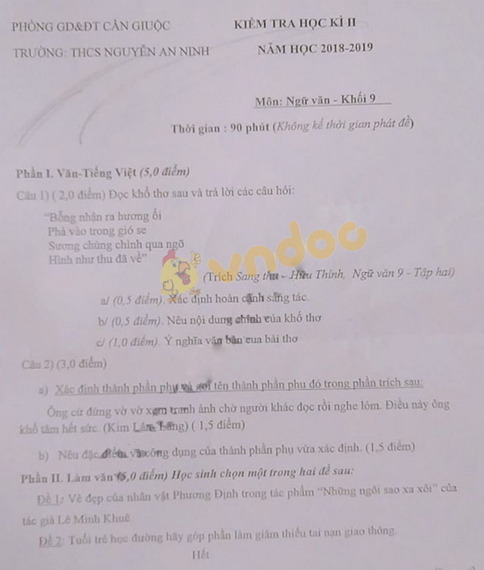 Đề thi học kì 2 lớp 9 môn Ngữ văn trường THCS Nguyễn An Ninh, Cần Giuộc năm học 2018 - 2019