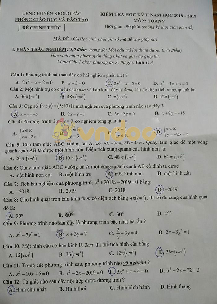 Đề thi học kì 2 lớp 9 môn Toán Phòng GD&ĐT huyện Krông Pắc năm học 2018 - 2019