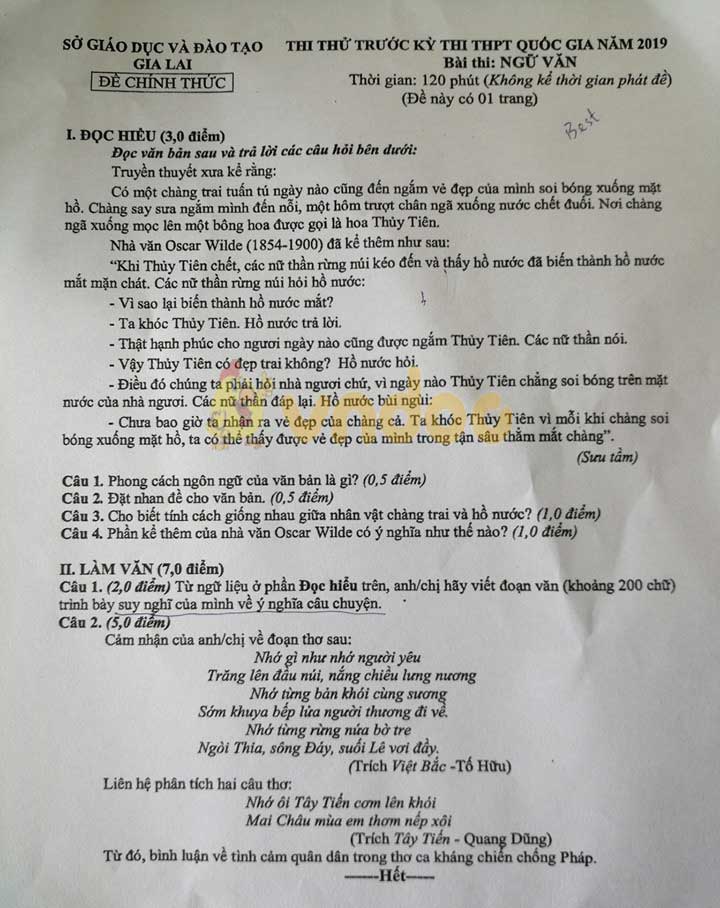 Đề thi thử THPT Quốc gia môn Ngữ văn năm 2019 Sở GD&ĐT Gia Lai