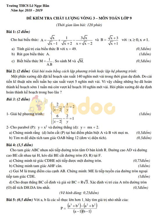 Đề kiểm tra chất lượng lớp 9 môn Toán trường THCS Lê Ngọc Hân năm học 2018 - 2019 (vòng 3)