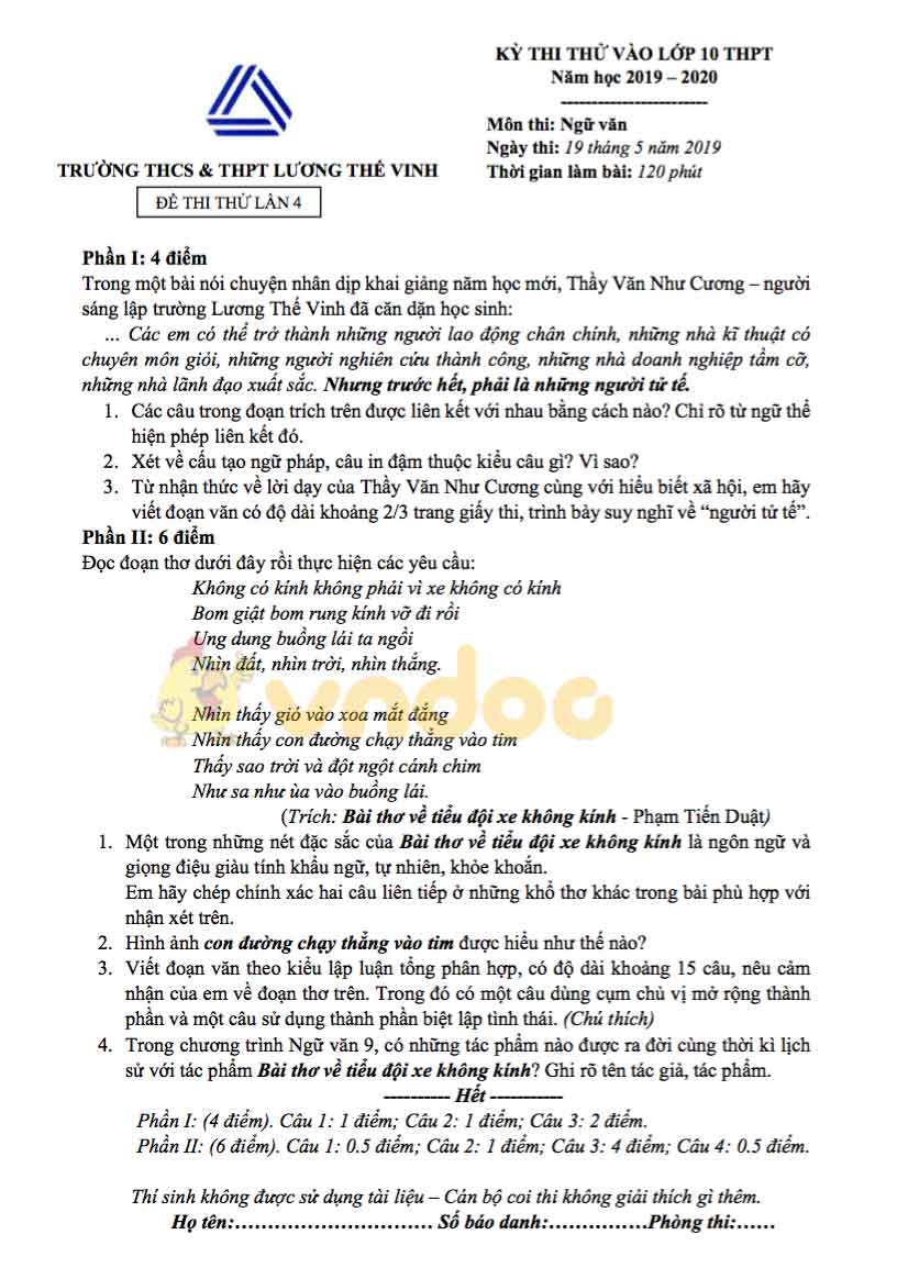 Đề thi thử vào lớp 10 môn Ngữ văn Trường THCS & THPT Lương Thế Vinh năm học 2019 - 2020 (lần 4)