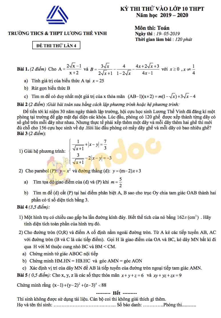 Đề thi thử vào lớp 10 môn Toán trường THCS & THPT Lương Thế Vinh năm học 2019 - 2020 (lần 4)