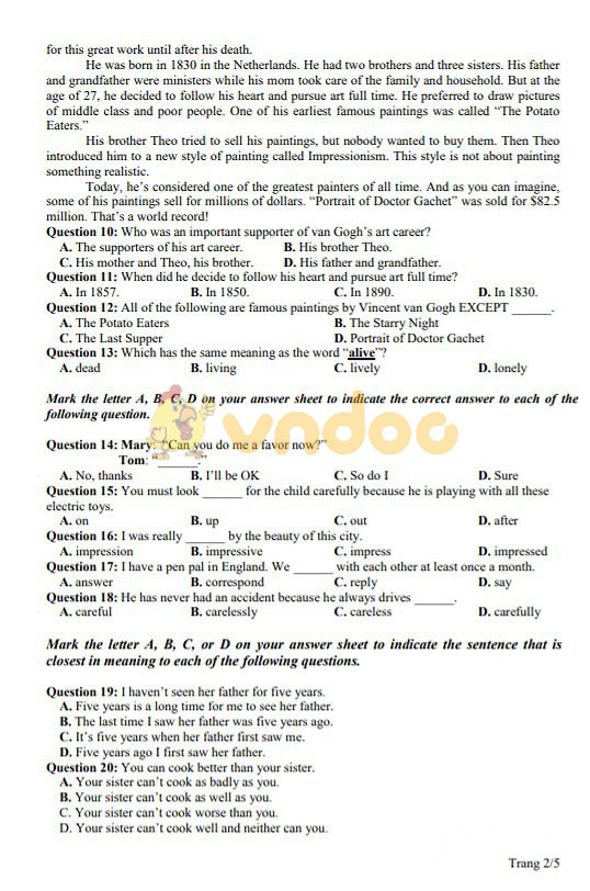 Đề thi minh họa vào lớp 10 môn thi Tổ hợp Sở GD&ĐT Nghệ an năm học 2019 - 2020