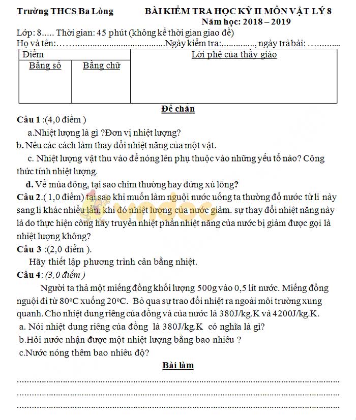 Đề thi học kì 2 lớp 8 môn Vật lý trường THCS Ba Lòng năm học 2018 - 2019