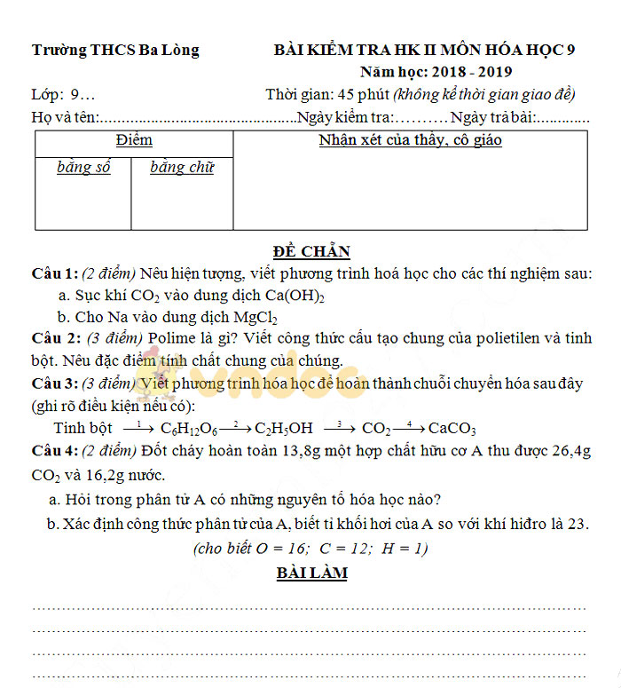 Đề thi học kì 2 lớp 9 môn Hóa học trường THCS Ba Lòng năm học 2018 - 2019