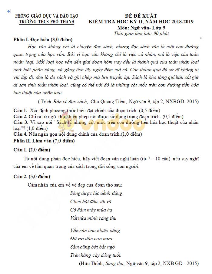 Đề thi học kì 2 lớp 9 môn Ngữ văn trường THCS Phổ Hạnh năm học 2018 - 2019