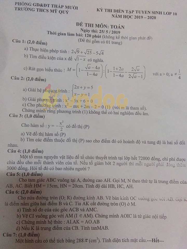 Đề thi thử vào lớp 10 môn Toán trường THCS Mỹ Quý, Tháp Mười năm học 2019 - 2020