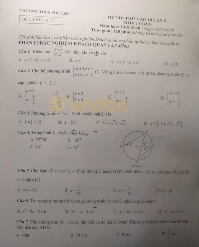 Đề thi thử vào lớp 10 môn Toán trường THCS Phú Lộc năm học 2019 - 2020 (lần 2)