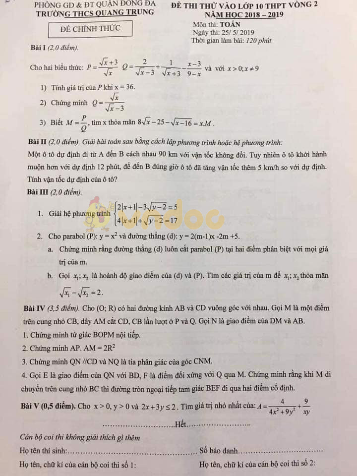 Đề thi thử vào lớp 10 môn Toán trường THCS Quan Trung, Đống Đa năm học 2018 - 2019 (vòng 2)