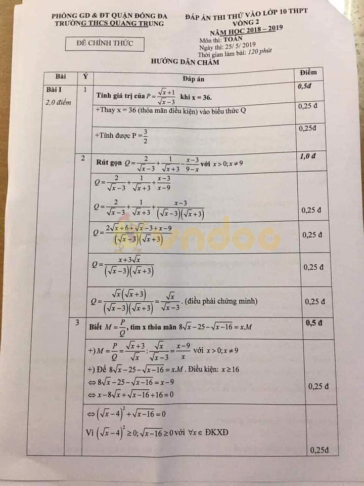 Đề thi thử vào lớp 10 môn Toán trường THCS Quan Trung, Đống Đa năm học 2018 - 2019 (vòng 2)