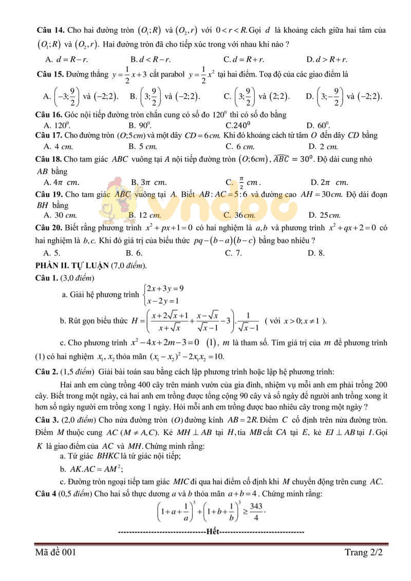 Đề thi tuyển sinh vào lớp 10 môn Toán Sở GD&ĐT Bắc Giang năm học 2019 - 2020