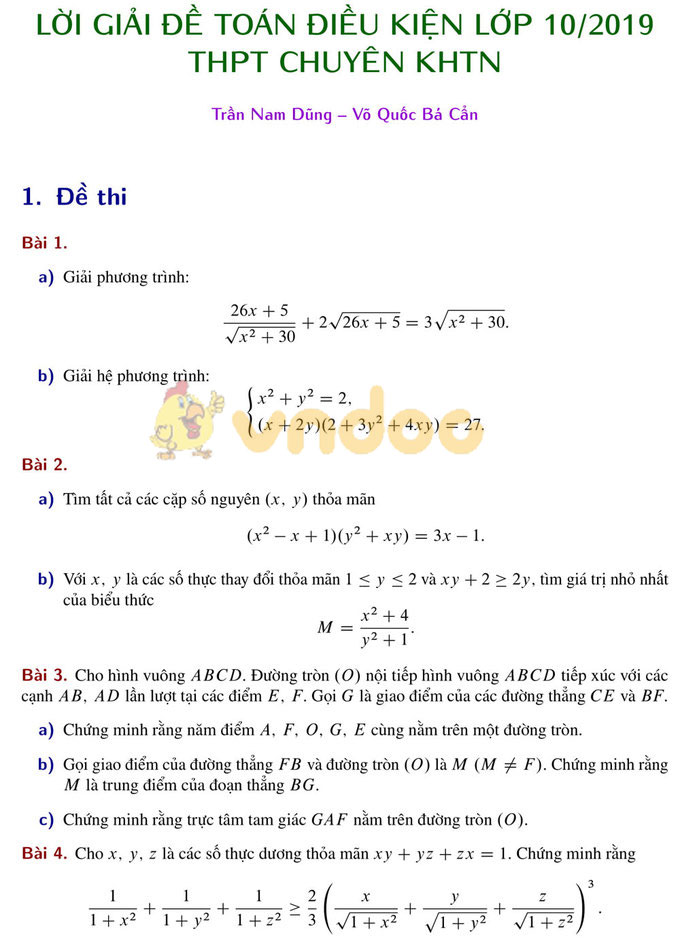Đề thi tuyển sinh vào lớp 10 môn Toán Trường THPT Chuyên KHTN, Hà Nội năm học 2019 - 2020