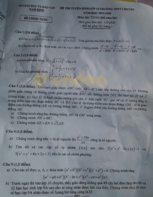 Đề thi tuyển sinh vào lớp 10 môn Toán THPT Chuyên Sở GD&ĐT Nam Định năm học 2019 - 2020