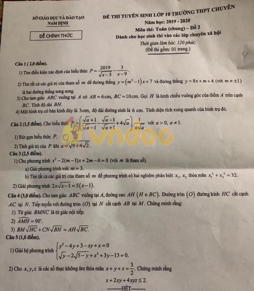 Đề thi tuyển sinh vào lớp 10 môn Toán THPT Chuyên Sở GD&ĐT Nam Định năm học 2019 - 2020 (đề 2)