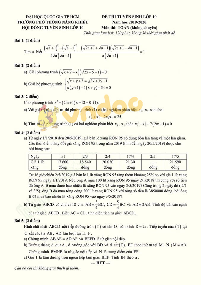 Đề thi tuyển sinh vào lớp 10 môn Toán trường Phổ Thông Năng Khiếu, Thành Phố Hồ Chí Minh năm học 2019 - 2020 (không chuyên)