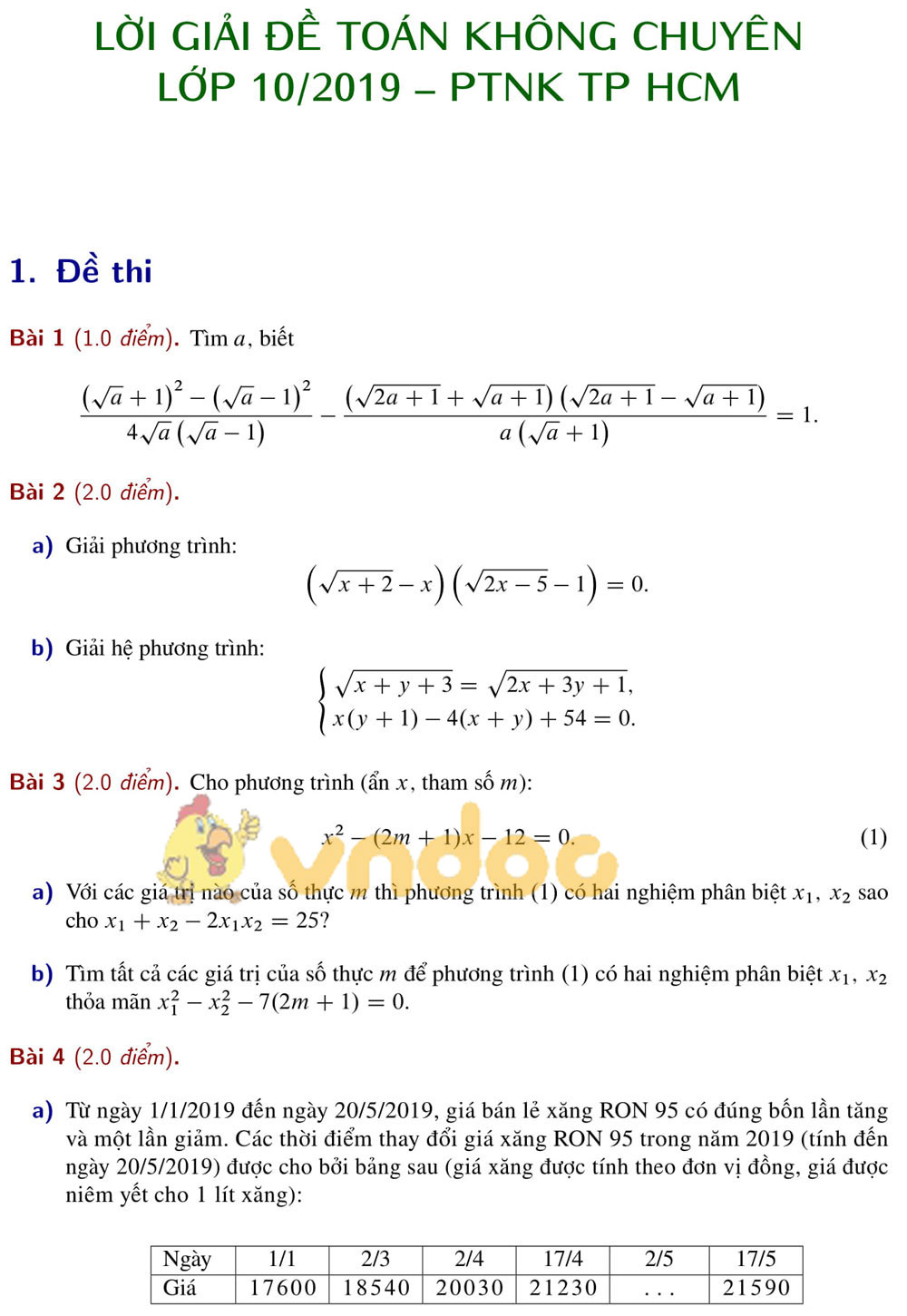 Đề thi tuyển sinh vào lớp 10 môn Toán trường Phổ Thông Năng Khiếu, Thành Phố Hồ Chí Minh năm học 2019 - 2020 (không chuyên)