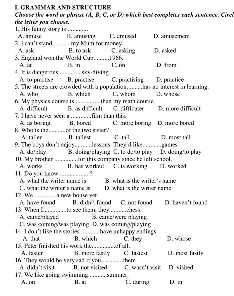 Đề thi vào lớp 10 môn Tiếng Anh