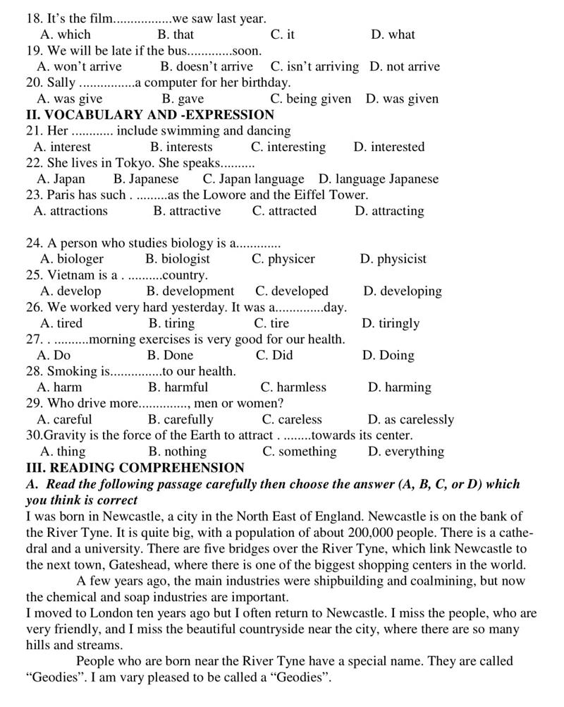 Đề thi vào lớp 10 môn Tiếng Anh