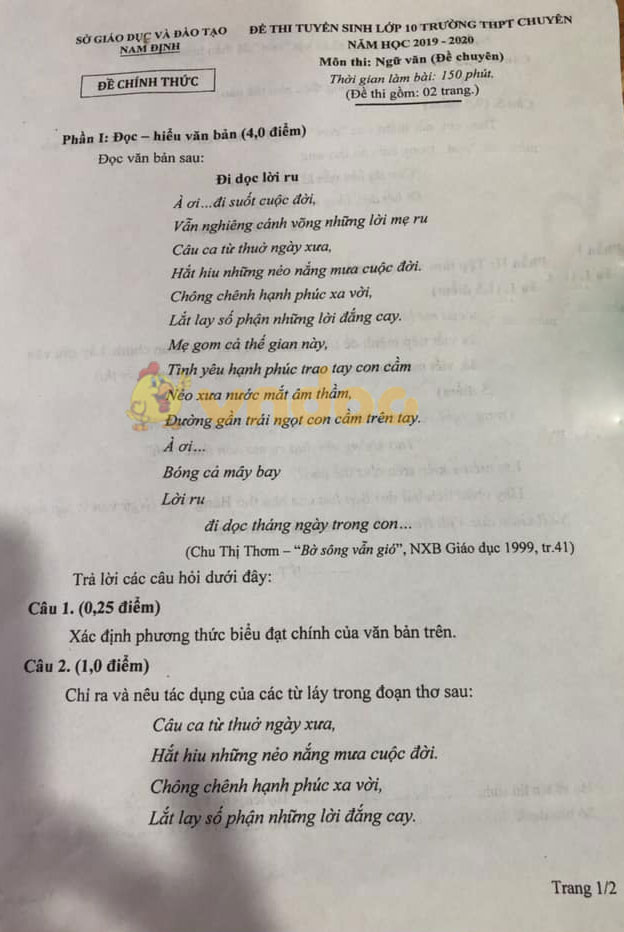Đề thi tuyển sinh vào lớp 10 môn Ngữ văn THPT Chuyên Sở GD&ĐT Nam Định năm học 2019 - 2020 (đề chuyên)