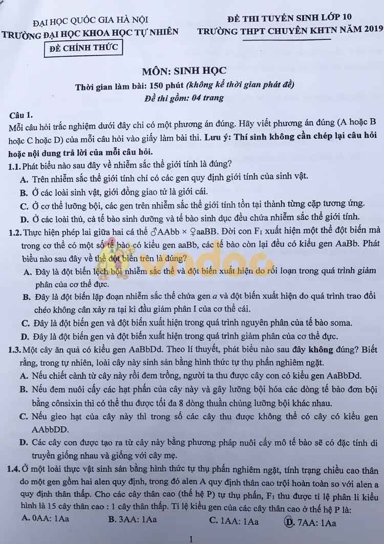 Đề thi tuyển sinh vào lớp 10 môn Sinh học Trường THPT Chuyên KHTN, Hà Nội năm học 2019 - 2020