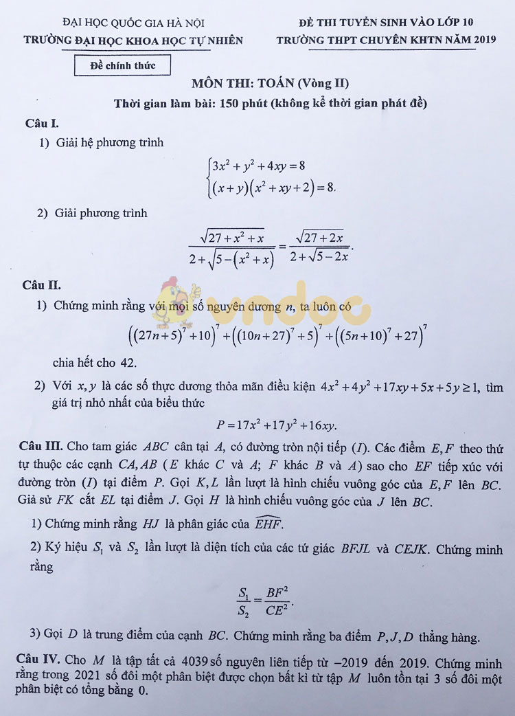 Đề thi tuyển sinh vào lớp 10 môn Toán Trường THPT Chuyên KHTN, Hà Nội năm học 2019 - 2020 (vòng 2)