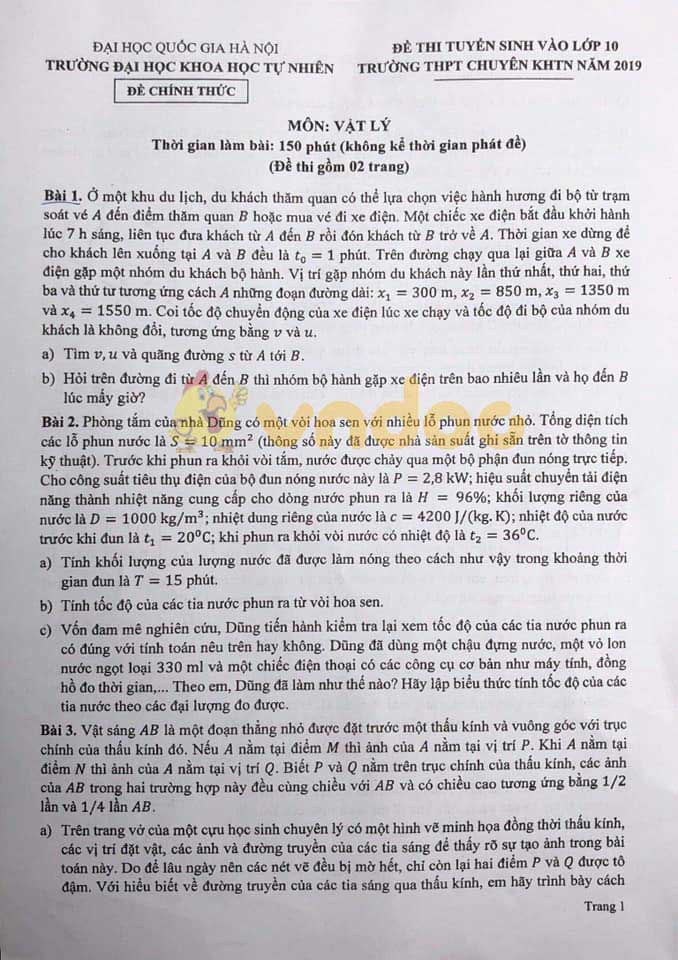 Đề thi tuyển sinh vào lớp 10 môn Vật lý Trường THPT Chuyên KHTN, Hà Nội năm học 2019 - 2020