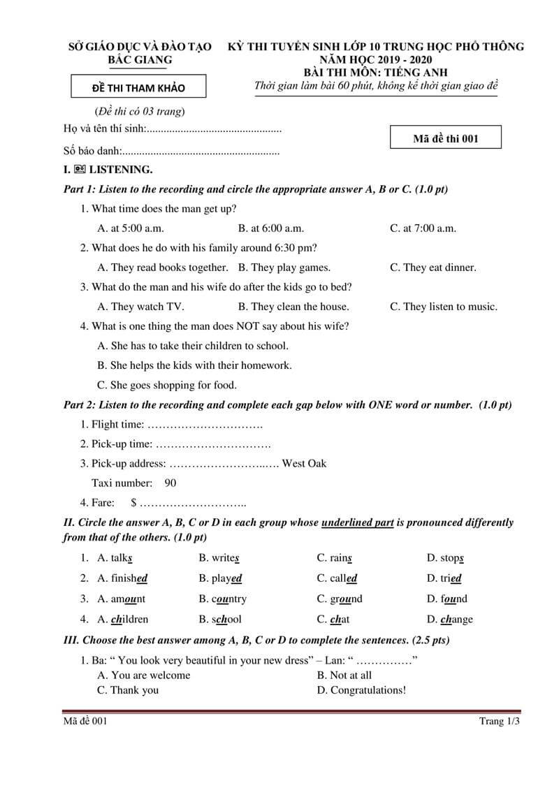 Đề thi vào lớp 10 môn Tiếng Anh