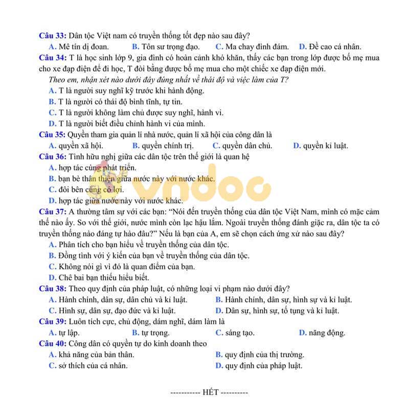 Đề thi tham khảo vào lớp 10 môn GDCD Sở GD&ĐT Bắc Giang năm học 2019 - 2020