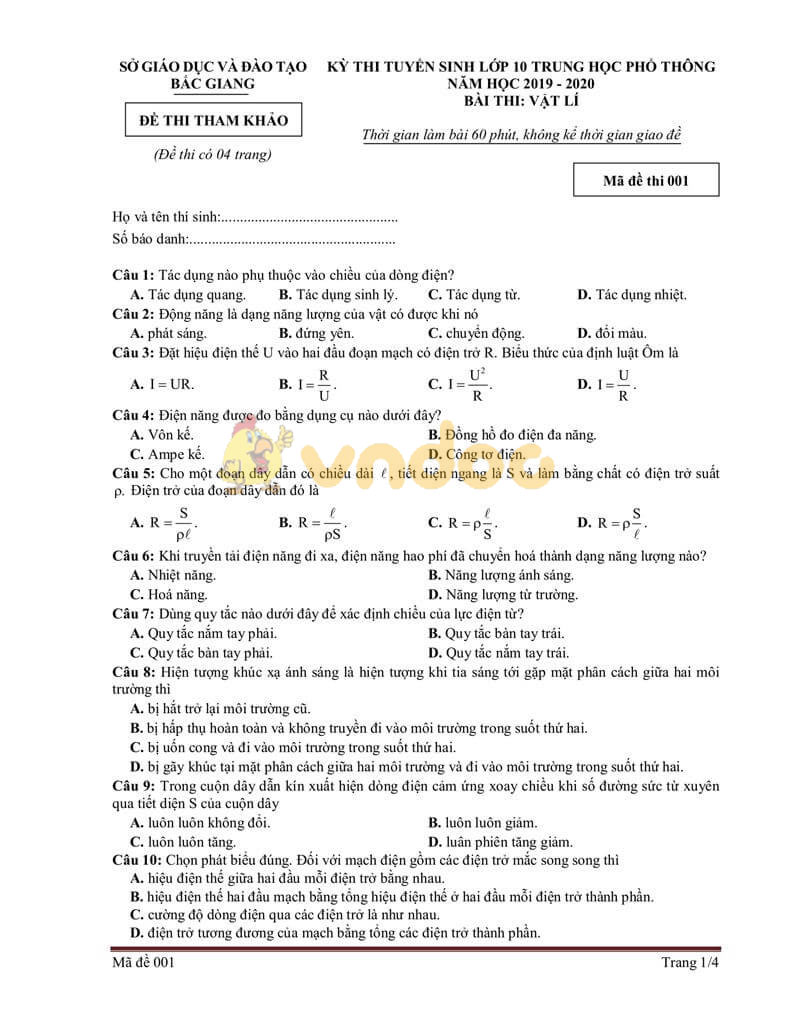 Đề thi tham khảo vào lớp 10 môn Vật lý Sở GD&ĐT Bắc Giang năm học 2019 - 2020
