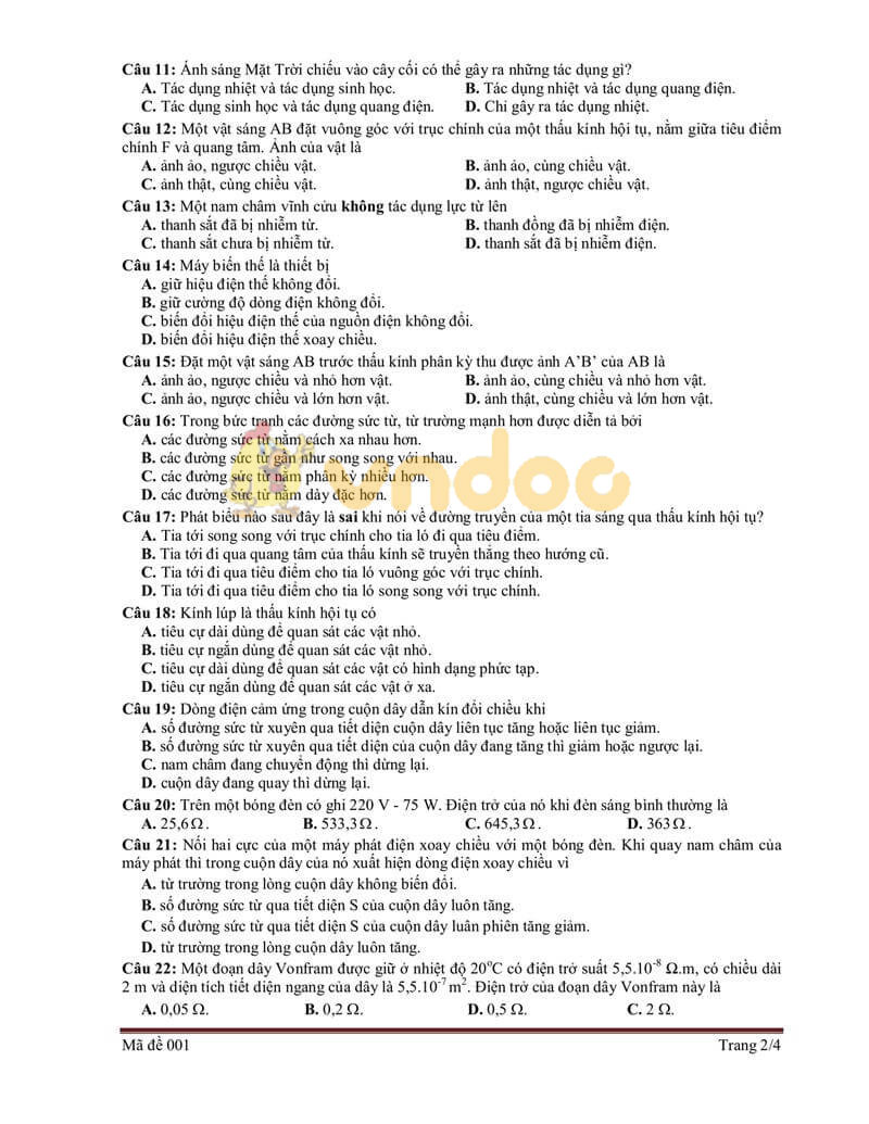 Đề thi tham khảo vào lớp 10 môn Vật lý Sở GD&ĐT Bắc Giang năm học 2019 - 2020