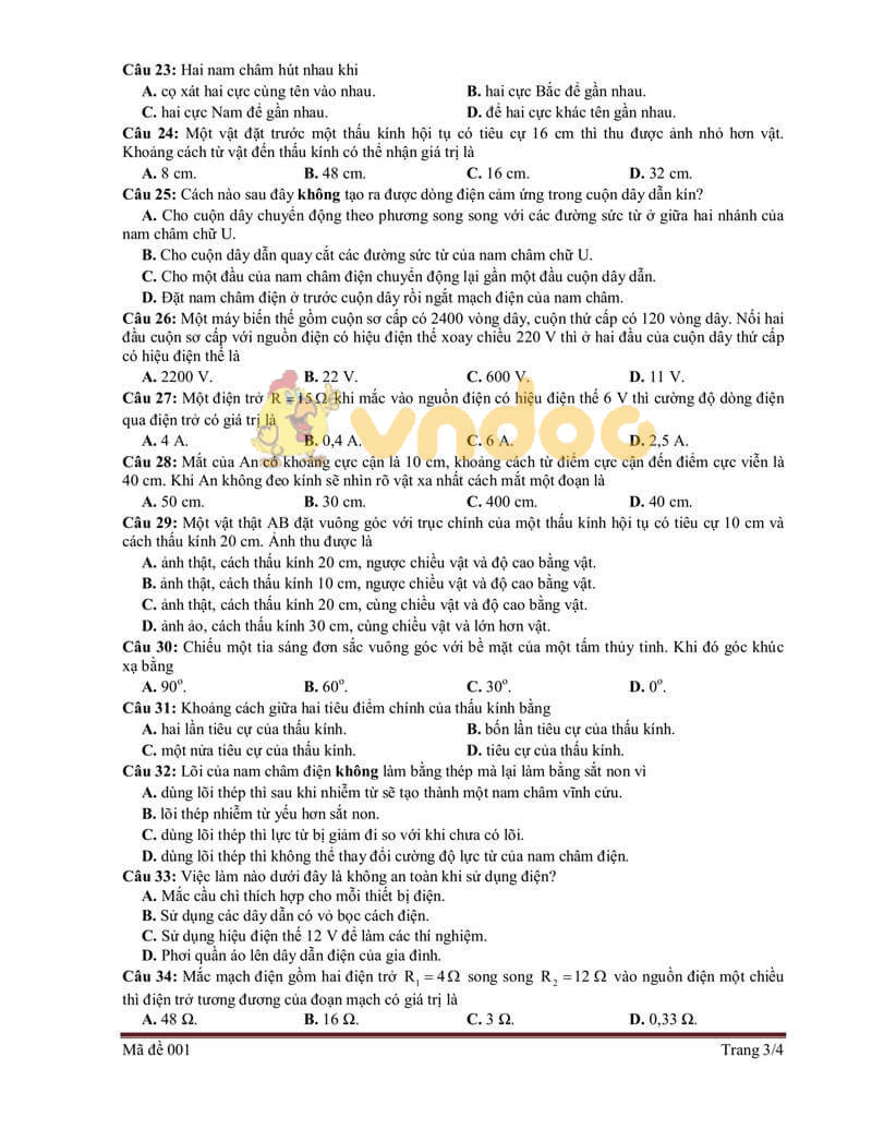 Đề thi tham khảo vào lớp 10 môn Vật lý Sở GD&ĐT Bắc Giang năm học 2019 - 2020