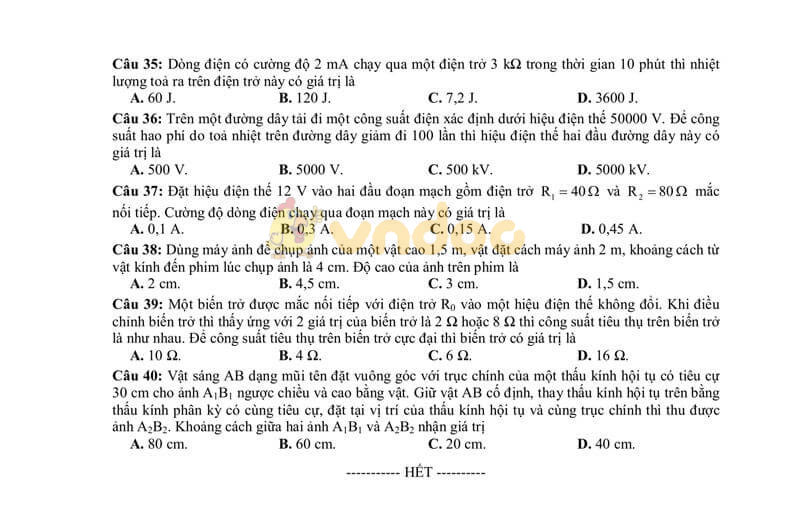 Đề thi tham khảo vào lớp 10 môn Vật lý Sở GD&ĐT Bắc Giang năm học 2019 - 2020