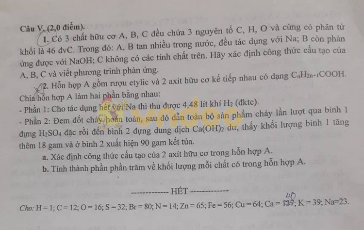 Đề thi tuyển sinh vào lớp 10 môn Hóa học THPT Chuyên Sở GD&ĐT Hưng Yên năm học 2019 - 2020
