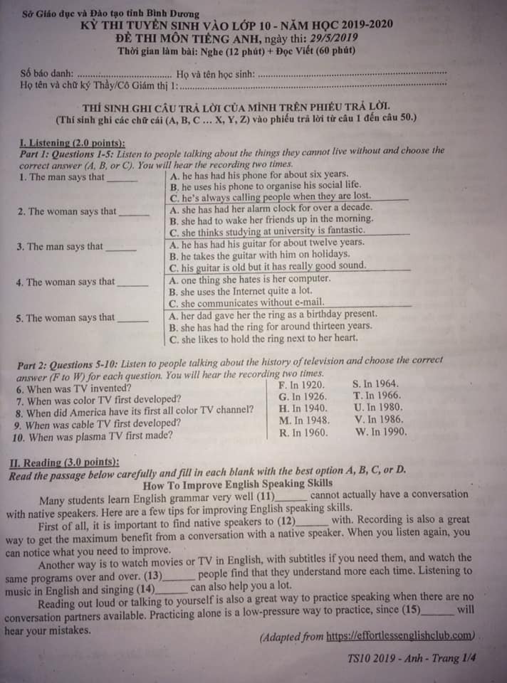 Đề thi vào lớp 10 môn Tiếng Anh