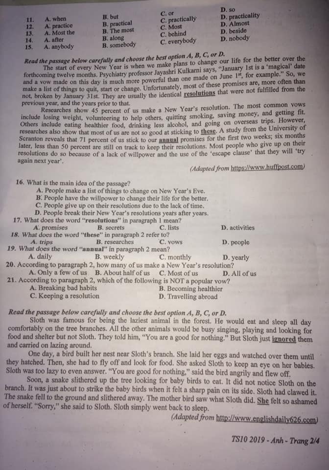Đề thi vào lớp 10 môn Tiếng Anh