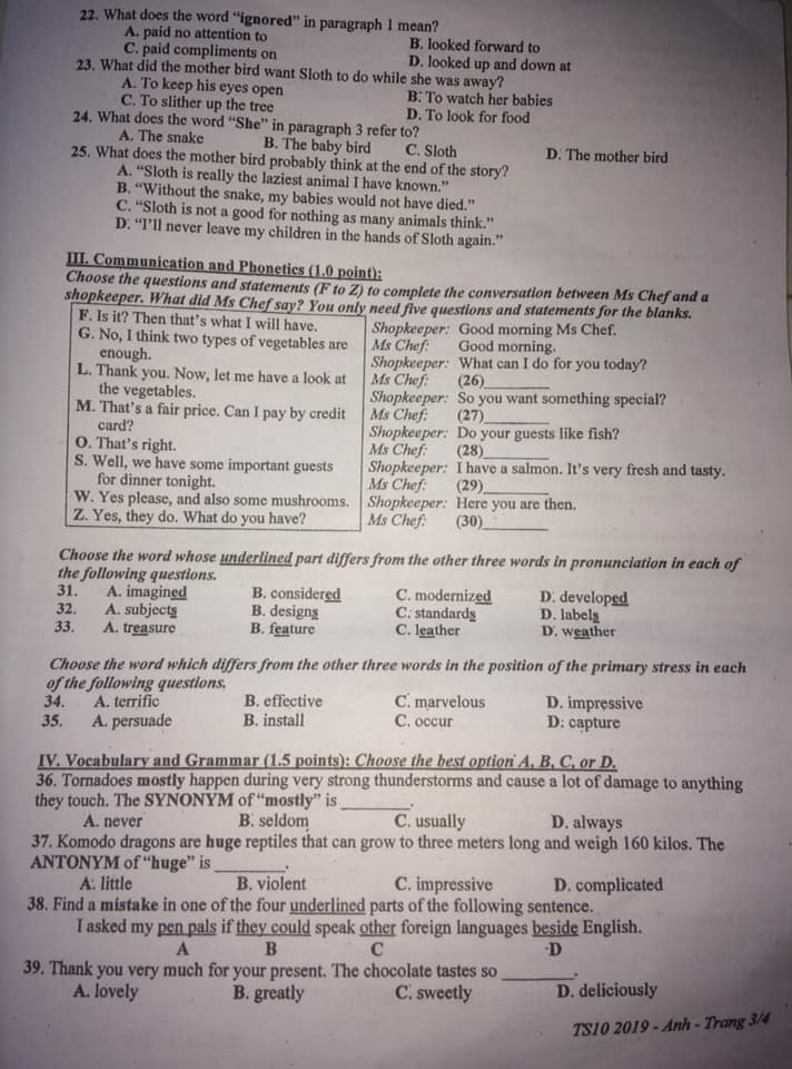 Đề thi vào lớp 10 môn Tiếng Anh