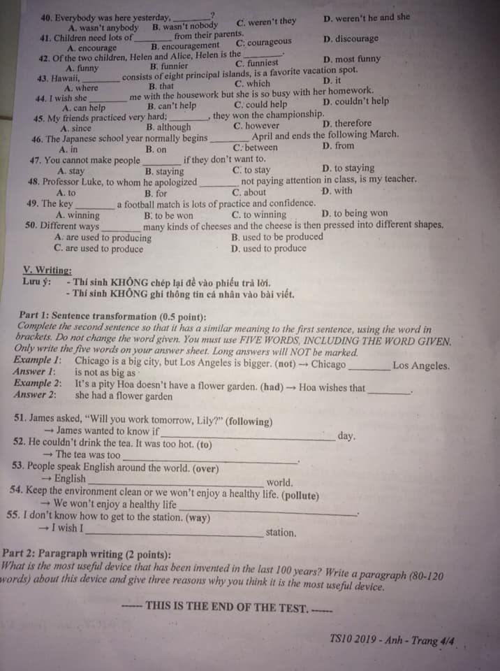 Đề thi vào lớp 10 môn Tiếng Anh